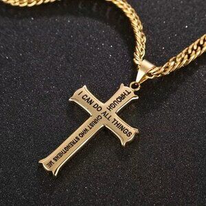 Gold Christian Cross Necklace Philippians 4:13 Stainless Steel Faith Jewelry